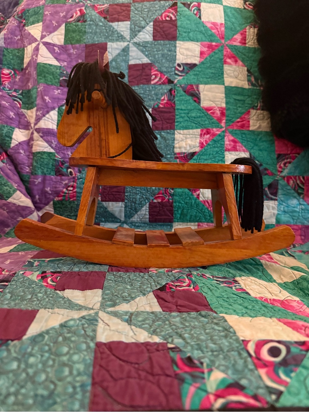 Wooden Rocking Horse Toy in Brown with Black Mane for dolls